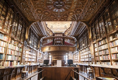 brown concrete library interior
