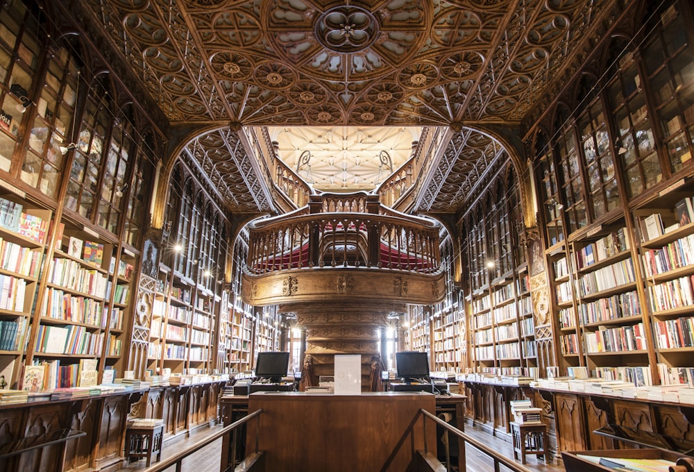 brown concrete library interior