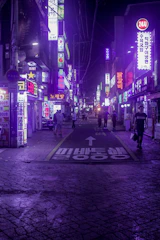 A vibrant street in Seoul lit with neon signs blending traditional Korean motifs and K-pop visuals.