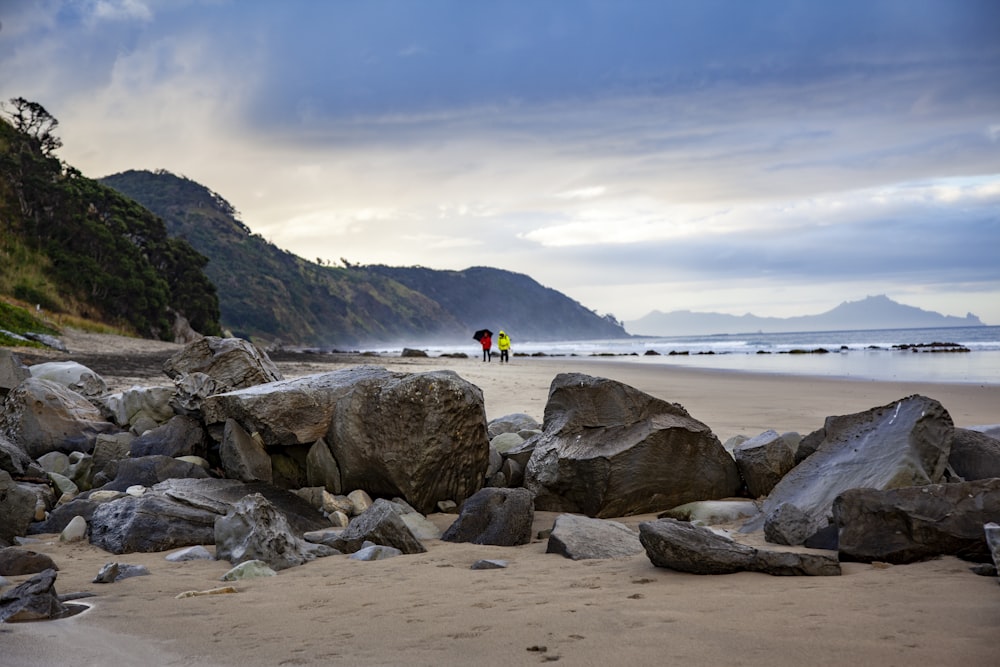 gray rocks beside body of water