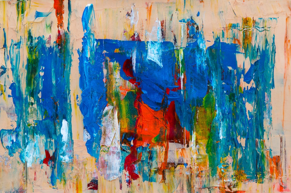 pintura abstrata azul, amarela e vermelha