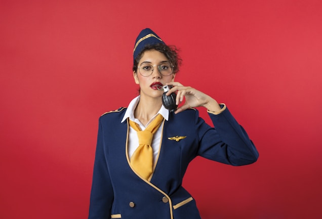 A person wearing a flight uniform with a navy blue jacket and a yellow tie holds a black object resembling a grenade. The individual has curly hair, wears glasses, and poses against a solid red background.