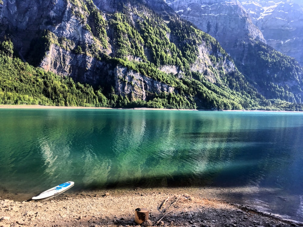 white boat on shore near green mountain