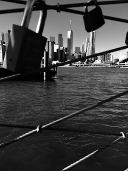 Several padlocks are attached to metal cables in the foreground, with a city skyline in the background across a body of water. The scene is in black and white, showing high-rise buildings and a distinctive tall tower.