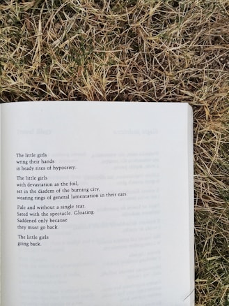 An open book lies on dry grass, displaying a poem with emotional and somber imagery about little girls and devastation.