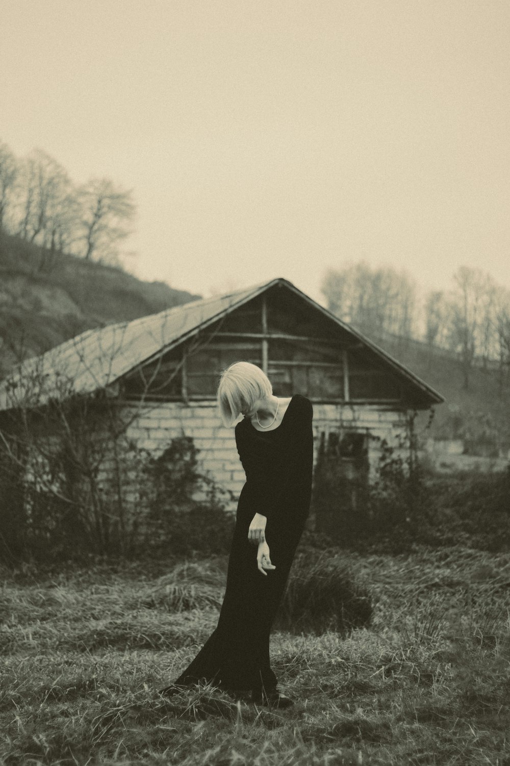 woman in black long-sleeved long dress standing near cabin