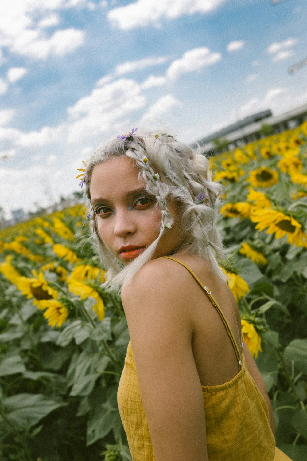 woman standing in sunflower field