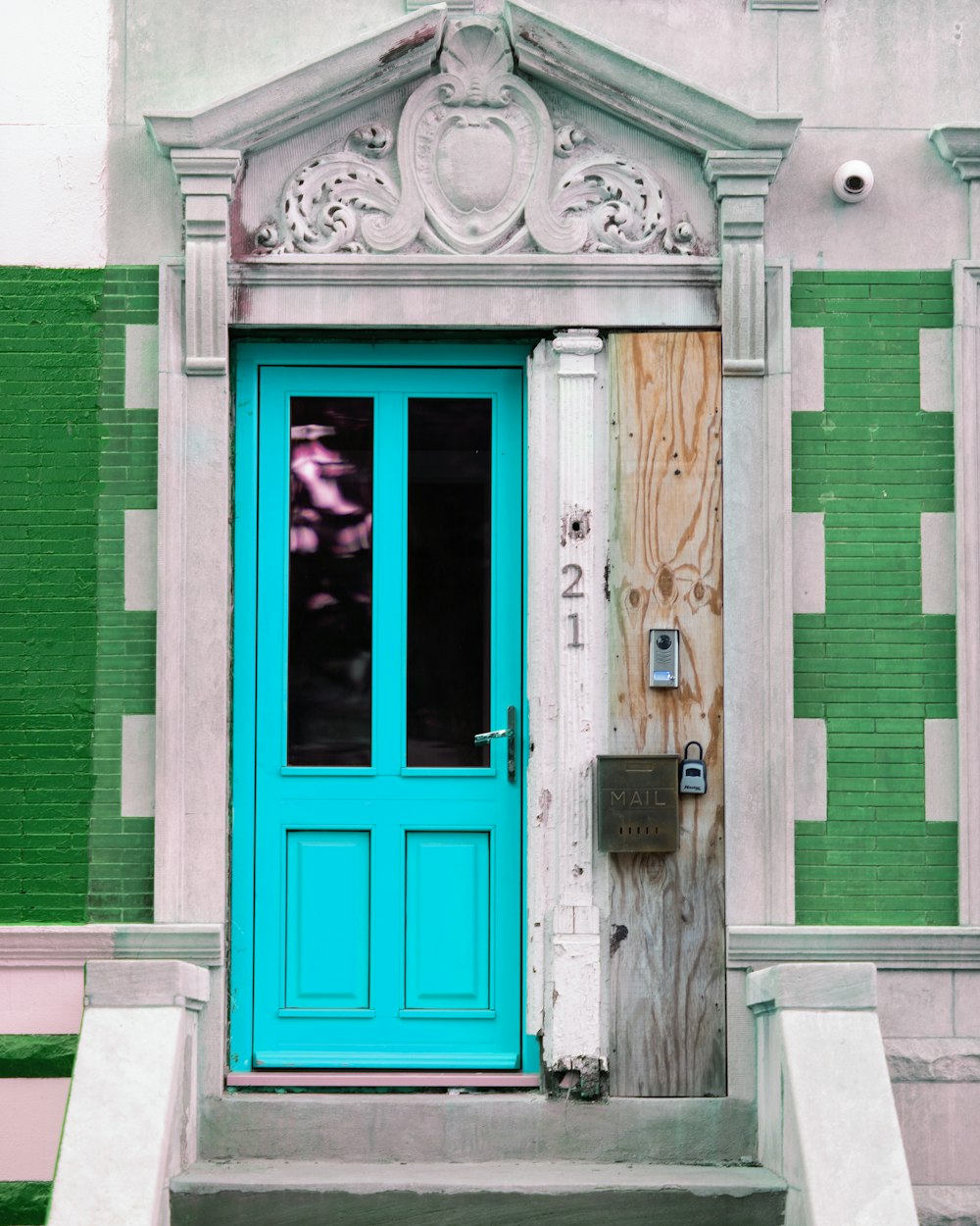 blue and white wooden door