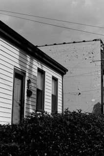 A monochrome photograph of a residential scene featuring the side of a house with horizontal siding. The house has a door and several windows. Adjacent to it is a wall with visible weathering, including cracked paint. There are leafy shrubs in the foreground, and overhead wires crossing the frame.