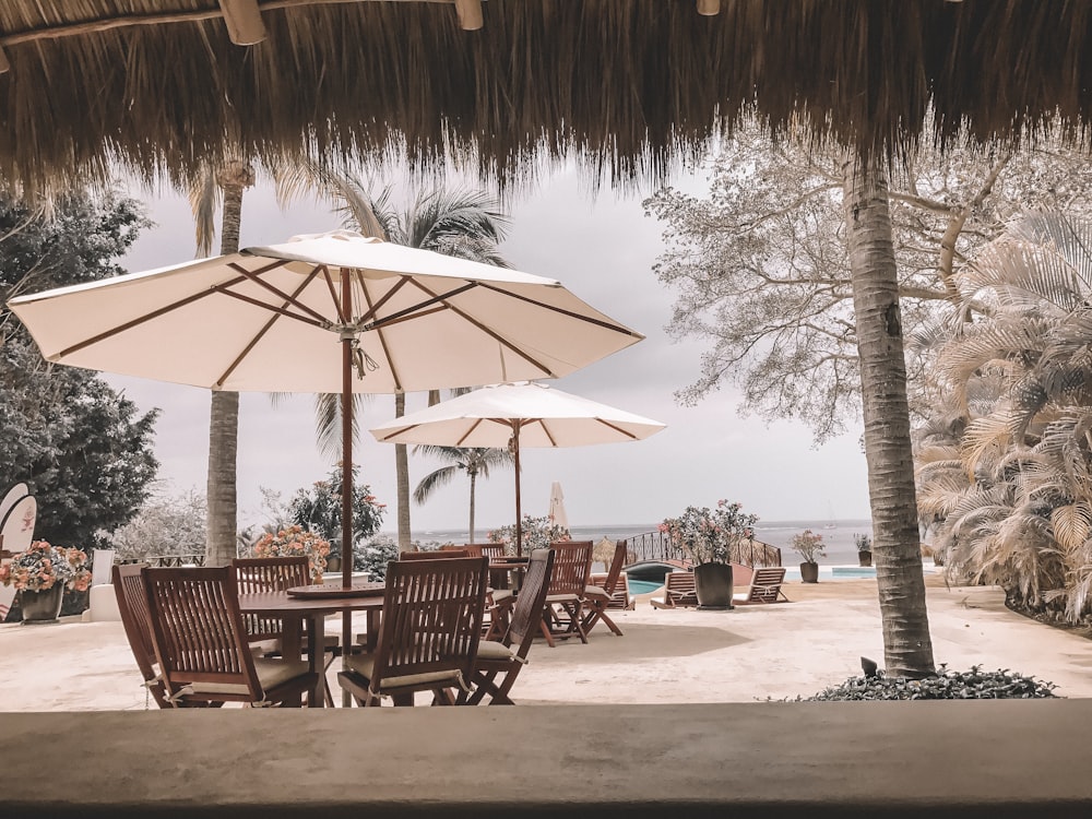 beach table and chairs surrounded of trees