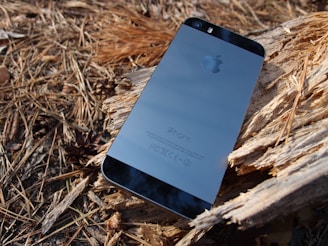 A smartphone is resting on a wooden surface surrounded by pine needles. The back of the phone is visible, showcasing its sleek metallic design with a prominent logo. The natural background provides a rustic contrast to the modern technology of the device.