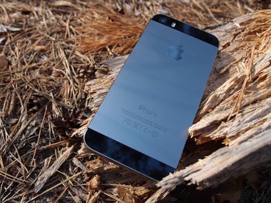 A smartphone is resting on a wooden surface surrounded by pine needles. The back of the phone is visible, showcasing its sleek metallic design with a prominent logo. The natural background provides a rustic contrast to the modern technology of the device.