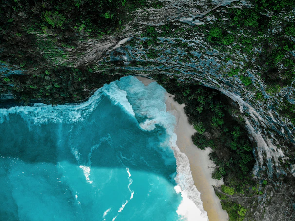 Aerial watercolor illustration of a turquoise sea meeting warm sandy beach with lush green tropical foliage framing the scene.