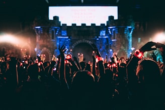crowded people wearing LED bracelet raising hands in front of stage