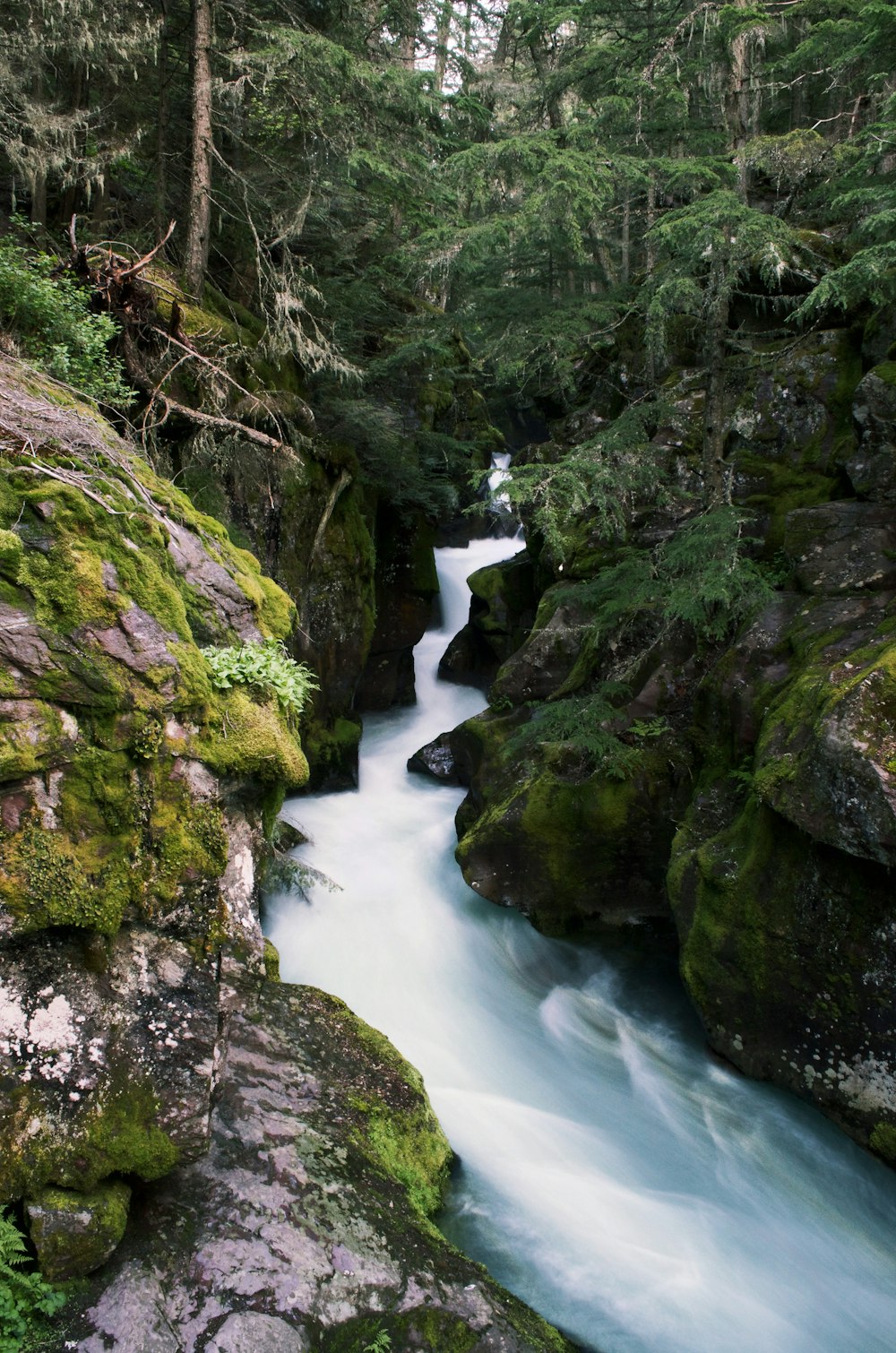 time-lapse photography of stream between rocks