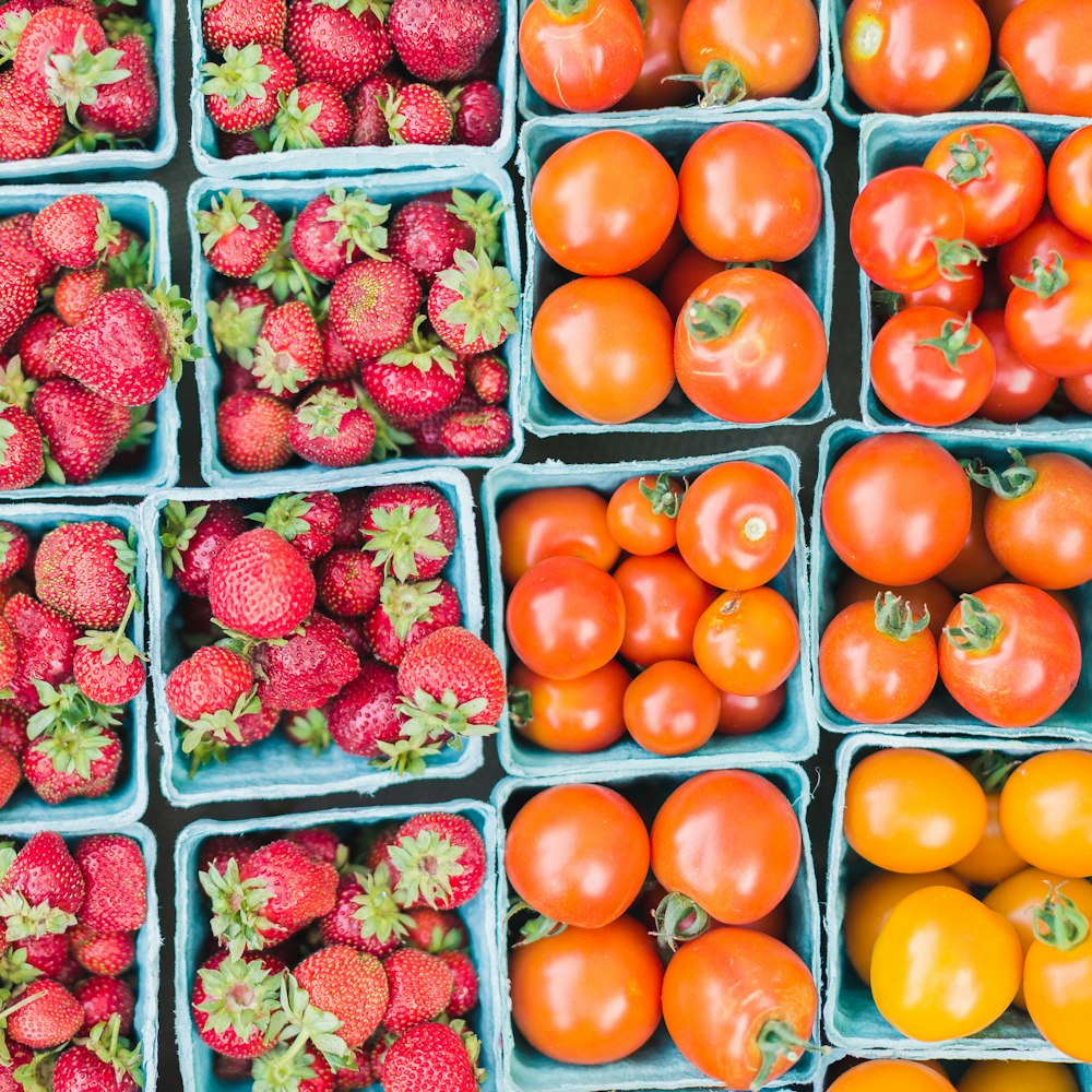 flat lay photography of strawberries and tomatoes