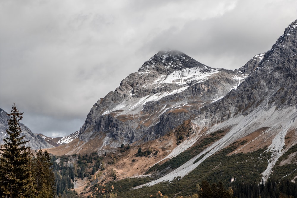 graue Berge mit schneebedeckten Gipfeln, umgeben von Bäumen