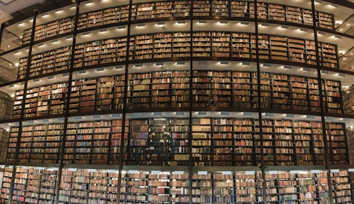 A large library with multiple stories of bookshelves filled with a vast collection of books. The shelves are arranged in a curved, floor-to-ceiling design and are accessible through a series of walkways and stairs. The lighting is warm, illuminating the books and creating a cozy atmosphere.
