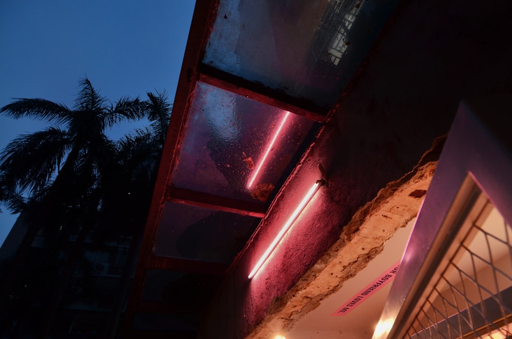 lighted red UV light hanged on wall