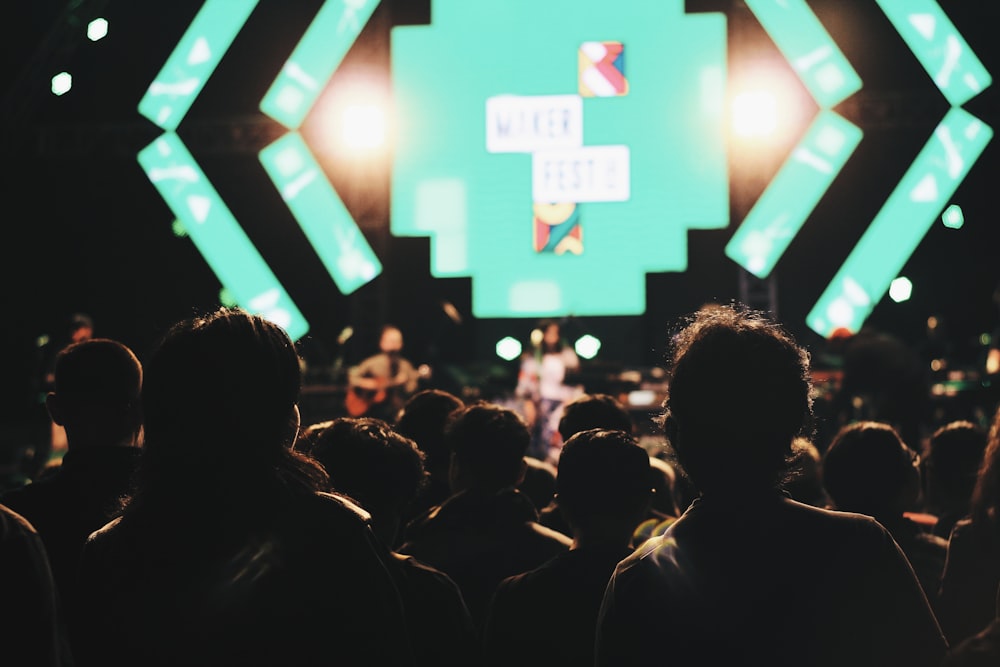 silhouette of crowd of people facing the performer at the stage