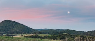 A serene landscape featuring a large golden moon rising over rolling hills at dusk.