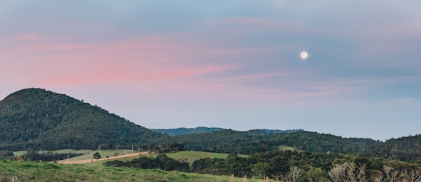 A serene landscape featuring a large golden moon rising over rolling hills at dusk.