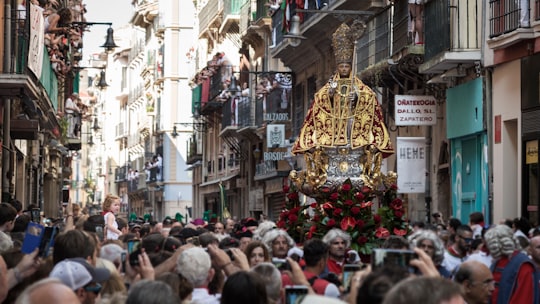 religious statue parading at street in Pamplona Spain