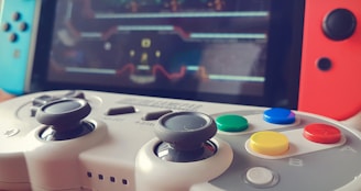 A colorful illustration showing game controls and player actions.