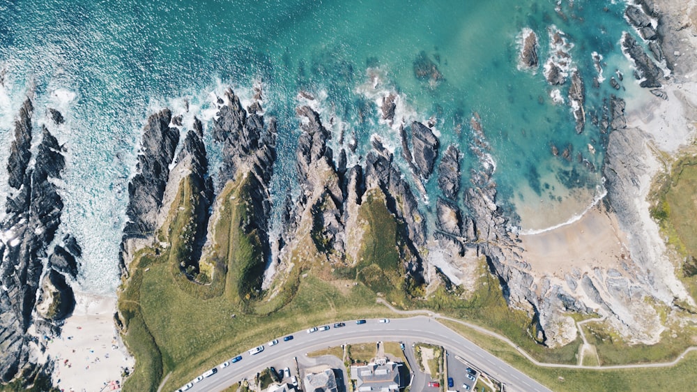 aerial view of body of water and road