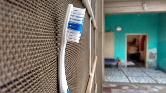 A toothbrush with blue and white bristles is positioned upright against a textured surface, possibly a mesh or a screen. In the background, an indoor setting with turquoise walls and a partially visible room with a tiled floor can be seen.