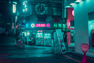 group of people walking on the street near buildings at night time