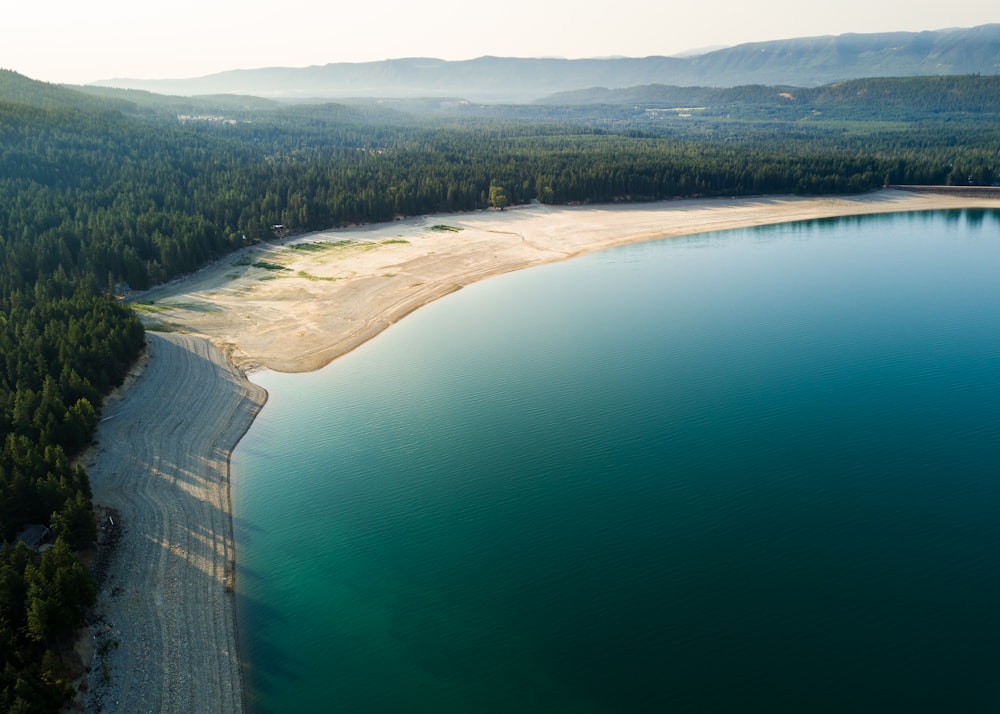 aerial view of blue lagoon and forest