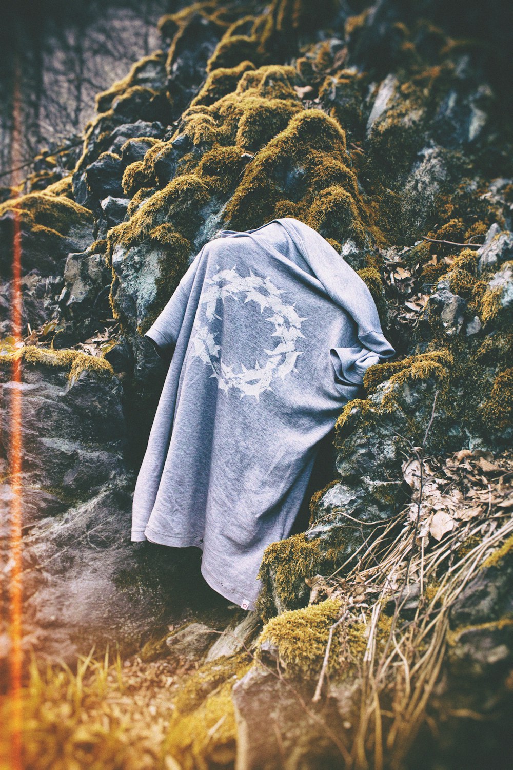 gray cloth on rock with moss