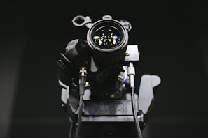 A close-up of a camera capturing a dynamic video scene.