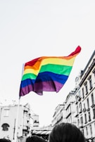 A rainbow flag prominently waves against a light sky, set against a backdrop of indistinct urban buildings in black and white. The crowd beneath adds to the atmosphere of a parade or public gathering.