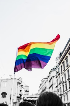 A rainbow flag prominently waves against a light sky, set against a backdrop of indistinct urban buildings in black and white. The crowd beneath adds to the atmosphere of a parade or public gathering.