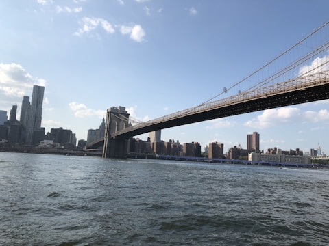 A large suspension bridge spans across a body of water, connecting two dense urban cityscapes. The city skyline features tall skyscrapers and various buildings beneath a partly cloudy blue sky. The water below appears calm.