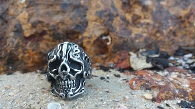 A metallic skull ring with intricate engravings sits on rocky terrain. The background features a textured, rust-colored rock surface.