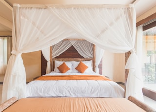 white mosquito net with brown wooden bed frame