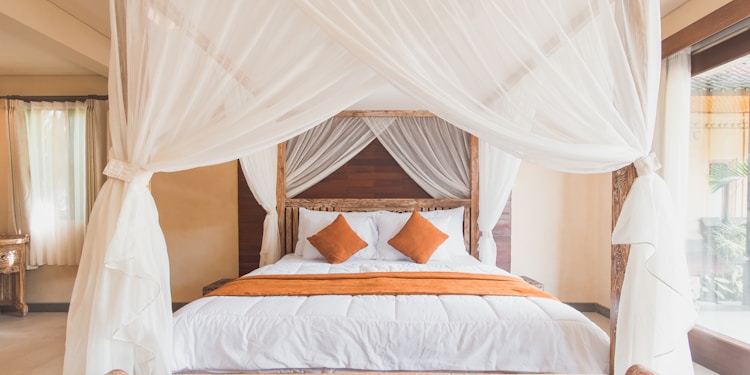 white mosquito net with brown wooden bed frame