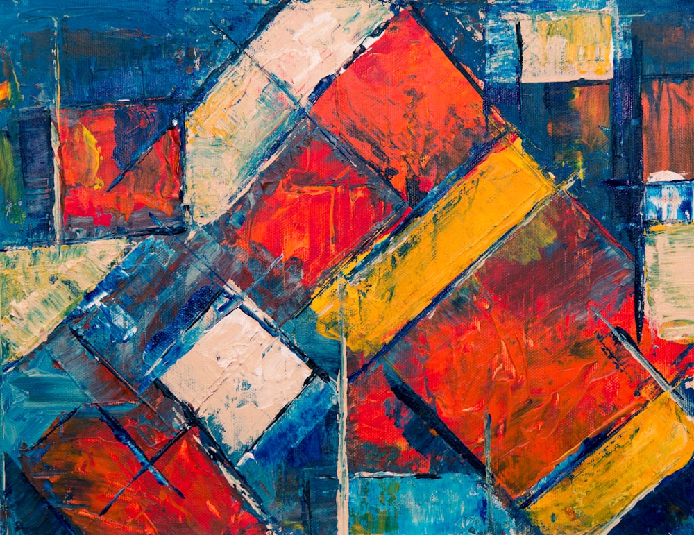 an abstract painting of red, yellow, and blue squares