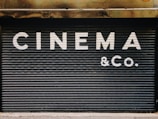 Large, bold white letters spell out 'CINEMA & CO.' on a black, corrugated metal shutter. The background appears industrial and slightly weathered, suggesting a closed or private cinema or entertainment venue.