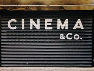 Large, bold white letters spell out 'CINEMA & CO.' on a black, corrugated metal shutter. The background appears industrial and slightly weathered, suggesting a closed or private cinema or entertainment venue.