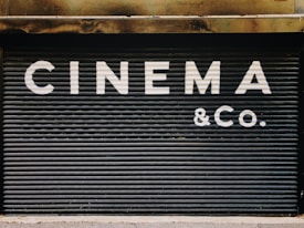 Large, bold white letters spell out 'CINEMA & CO.' on a black, corrugated metal shutter. The background appears industrial and slightly weathered, suggesting a closed or private cinema or entertainment venue.