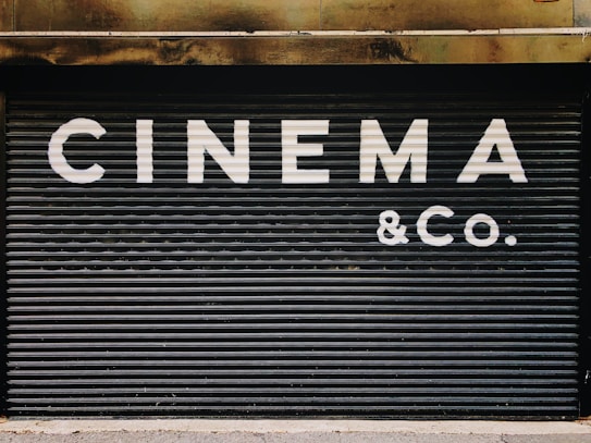 Large, bold white letters spell out 'CINEMA & CO.' on a black, corrugated metal shutter. The background appears industrial and slightly weathered, suggesting a closed or private cinema or entertainment venue.