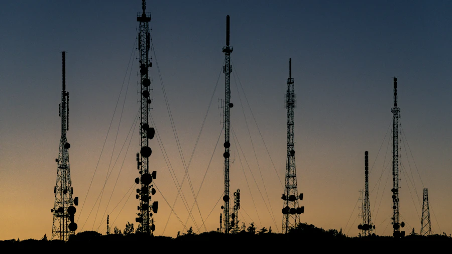 Telecommunications towers at sunset
