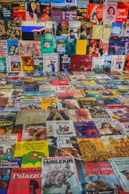 A collection of various book and magazine covers is arranged in a grid-like fashion. The covers feature multiple genres and styles, with illustrations, photographs, and text. The diverse assortment includes vibrant colors, artwork, and design elements, displaying a wide range of themes and cultural references.