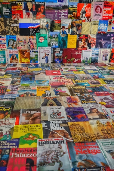 A collection of various book and magazine covers is arranged in a grid-like fashion. The covers feature multiple genres and styles, with illustrations, photographs, and text. The diverse assortment includes vibrant colors, artwork, and design elements, displaying a wide range of themes and cultural references.