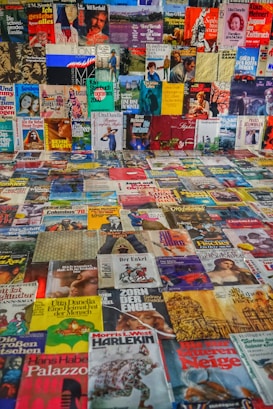 A collection of various book and magazine covers is arranged in a grid-like fashion. The covers feature multiple genres and styles, with illustrations, photographs, and text. The diverse assortment includes vibrant colors, artwork, and design elements, displaying a wide range of themes and cultural references.