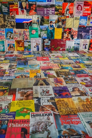 A collection of various book and magazine covers is arranged in a grid-like fashion. The covers feature multiple genres and styles, with illustrations, photographs, and text. The diverse assortment includes vibrant colors, artwork, and design elements, displaying a wide range of themes and cultural references.